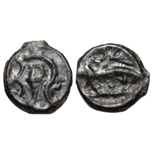 91 - Cantiaci Cast potin. Cantiaci, 120-100 BC. Bronze, 1.98 grams. 19.10 mm. Obverse: Crude outlined hea... 