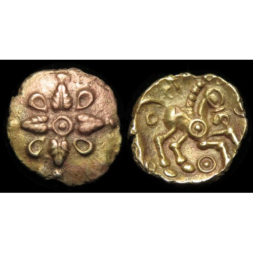 109 - Addedomaros Floral Quarter Stater. Circa 45-25 BC. Gold, 1.34g, 13mm. Flower of four leaves and ring... 