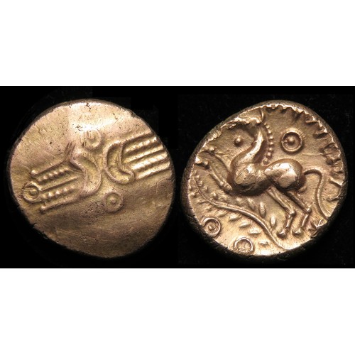 104 - Dubnovellaunos Branch Type Gold Stater. Circa 5 BC-10 AD. O. Wreath across field, crescents back to ... 