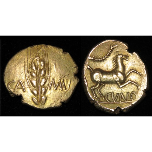 110 - Cunobelin Wild Gold Stater. Circa 8-41 AD. Corn ear with central stalk, CA to left, MV to right. R. ... 