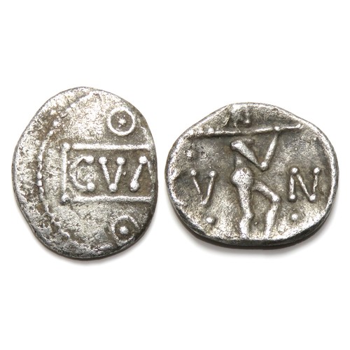 111 - Cunobelin Walker Silver Unit. Circa 8-41 AD. CVN in panel, pellet in ring above and below, pellet bo... 