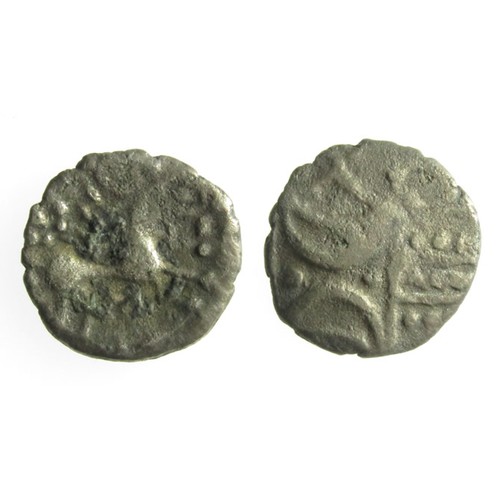 98 - Iceni Silver Unit. Circa 1st century AD. 0.80g. 13mm. Double crescent emblem on vertical wreath. R. ... 