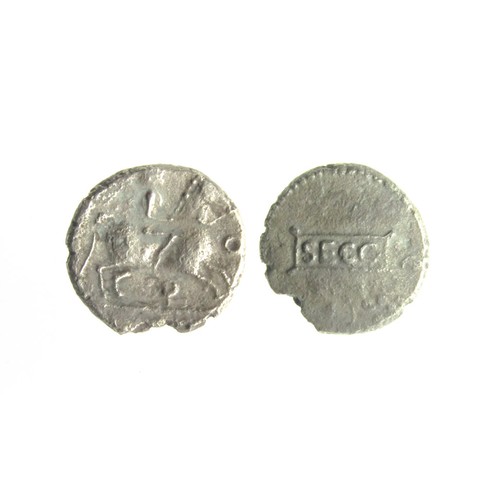 92 - Cantiaci Sego Silver Unit. Circa 5-15 AD. 1.10g. 12 mm. SEGO in central panel. R. Warrior riding rig... 