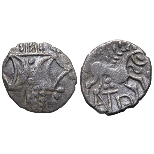 99 - Iceni ANTD Silver Unit. Circa 1st century AD. 0.98g. 13.62mm. Opposed crescents on wreath. R. Horse ... 