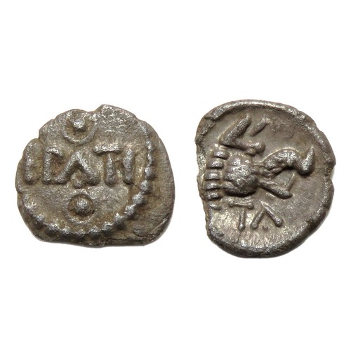 95 - Eapatticus Boar's Head Minim. Circa 20-40 AD. Silver, 9mm, 0.21g. EPATI, pellet in ring above and be... 