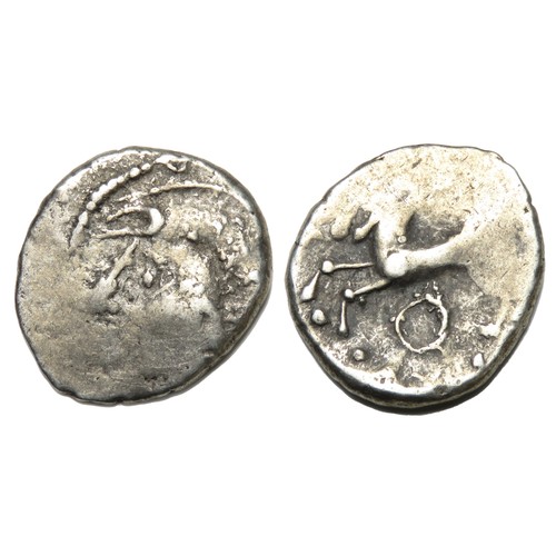 89 - Aedui Silver Unit. 'tete casquee' type. Circa 80-50 BC. 1.91g, 15mm. Celticized head of Roma left. R... 