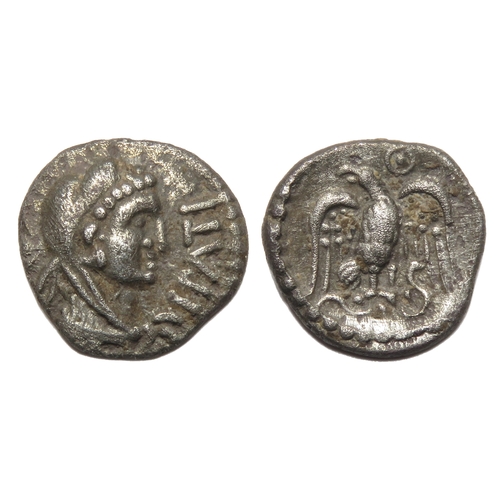 94 - Epatticus Eagle Silver Unit. Circa 20-40 AD. 12mm, 1.26g. Bust right waering lion skin, EPATI in fro... 