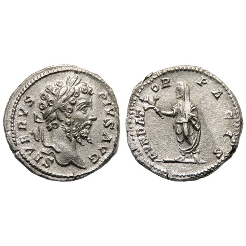 128 - Septimius Severus Denarius. Rome, 201 AD. Silver, 2.41g, 19mm. Laureate bust right, SEVERVS PIVS AVG... 