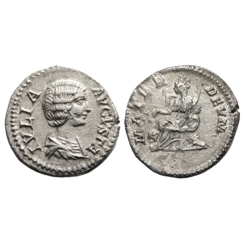 132 - Julia Domna Denarius. Rome, 189 AD. Silver,  1.47g, 19mm. Draped bust right, IVLIA AVGVSTA. R. MATER... 