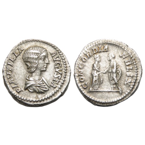 134 - Plautilla Denarius. Rome, 202 AD. Silver,  1.91g, 19mm. Draped bust right, PLAVTILLA AVGVSTA. R. CON... 