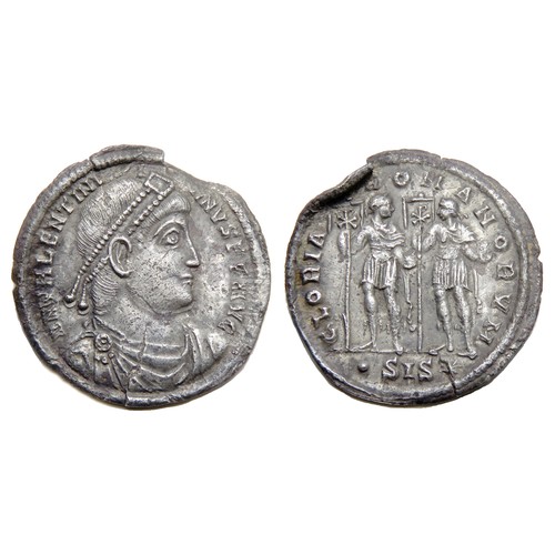 160 - Valentinian Miliarensis. Siscia, 364-7 AD. Silver, 25mm, 4.12g. Diademed and draped bust right, D N ... 