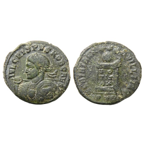 155 - Crispus Follis. Circa 316-326 AD. Billon, 18mm, 1.90g. Laureate and cuirassed bust left holding spea... 