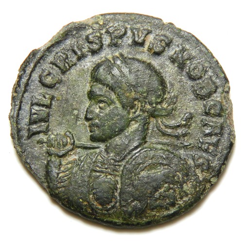 155 - Crispus Follis. Circa 316-326 AD. Billon, 18mm, 1.90g. Laureate and cuirassed bust left holding spea... 