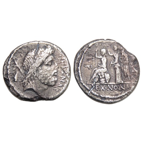 115 - M. Nonius Sufenas. 57 BC. Denarius. SVFENAS right, S.C left, head of Saturn right; harpa and conical... 