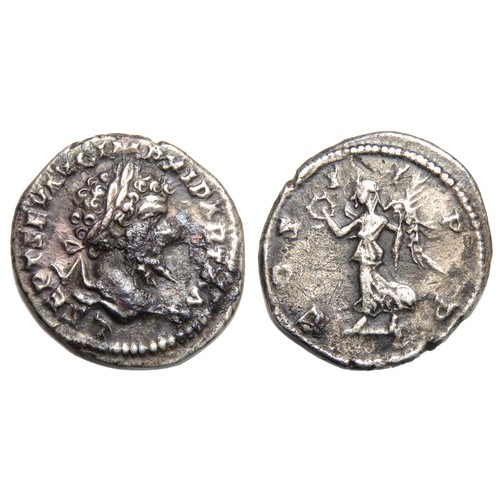 131 - Septimius Severus Denarius. Silver, 20mm, 3.12g. Laureate bust right, L SEPT SEV AVG IMP XI PART MAX... 