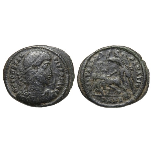 157 - Constantius II follis. Heraclea, 348-51 AD. Billon, 28mm. 4.26g. Diademed and draped bust right, D N... 