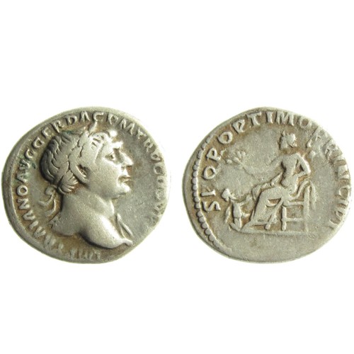 122 - Trajan Denarius. Rome, 107 AD. Silver, 3.27g. 18.5 mm. Laureate bust right, drapery on far shoulder.... 