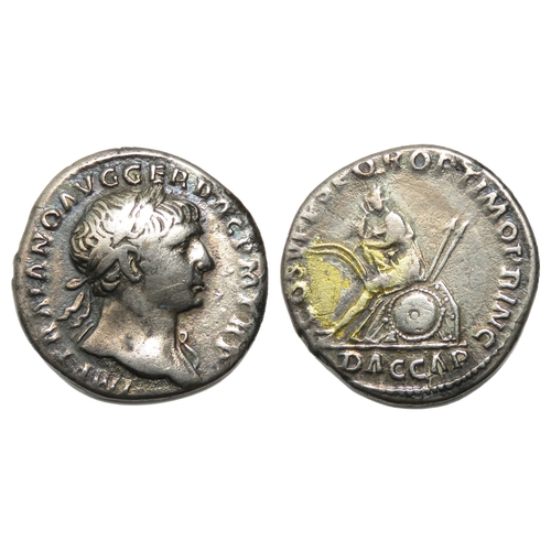 121 - Trajan denarius. Rome, 108 AD. Silver, 18mm, 3.09g. Laureate bust right, draperey on far shoulder. I... 