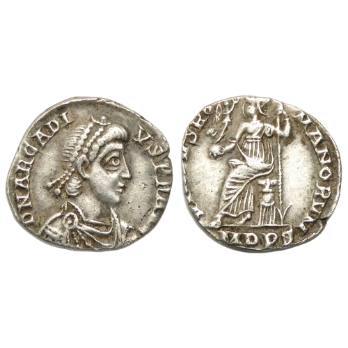 162 - Arcadius siliqua. Milan, 397-402 AD. Silver, 15mm, 1.03g. Diademed and draped bust right, D N ARCADI... 