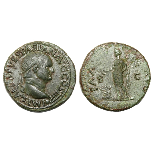 120 - Vespasian Dupondius. Lugdunum, 72-3 AD. Brass, 30mm, 12.4g. Radiate bust right, IMP CAESAR VESPASIAN... 