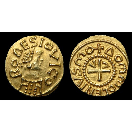 Merovingian Gold Tremissis. National series, circa 580-670 AD.  Mint: Vic-sur-Seille. Diademed and draped bust right, BODESIO VICO. R. Small cross with beaded circle, VC in upper angles. +DOMMOLENIVS MO, moneyer: Dommolenus. 14mm, 1.29g. Ref: Belfort 890. 