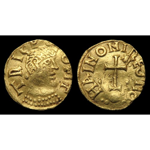 171 - Merovingian Tremissis. Maastricht. Circa 7th century AD. Gold, 1.32g. 13mm. TRECECTO FIT, diademed a...