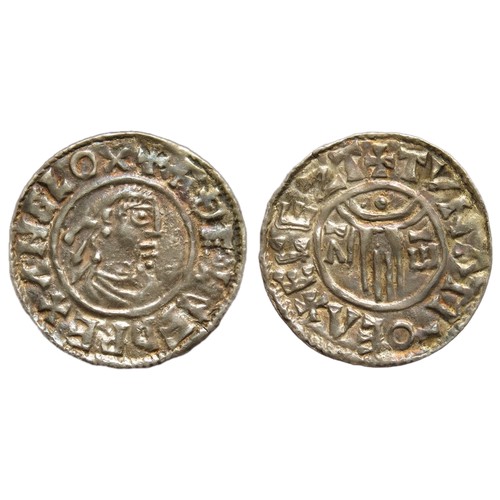 182 - Aethelred II, 978-1016 AD. First hand. Silver, 1.37g. 19.97 mm. +AEDELRED REX ANGLOX, diademed and d... 