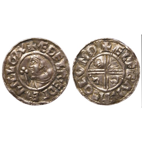 183 - Aethelred II, 978-1016 AD. Crux type penny. Silver, 1.42g. 20.64 mm. Diademed bust left with sceptre... 