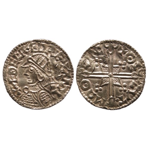 185 - Aethelred II, 978-1016 AD. Helmet type penny. Silver, 1.41g. 19.30 mm. +AEDELRED REX ANGL, armoured ... 