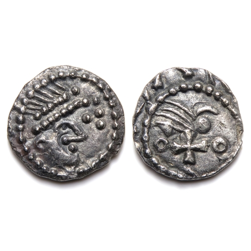 174 - Anglo-Saxon Sceatta, Series B1a. Primary Phase, circa 680-710 AD. Silver, 12mm, 1.13g. Diademed head... 