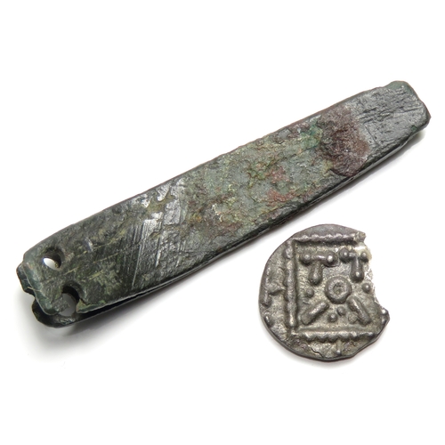 173 - Anglo_Saxon sceat and strap end. 11mm, 0.71g and 34mm, 3.38g. A zoomorphic strap-end with stylised a... 