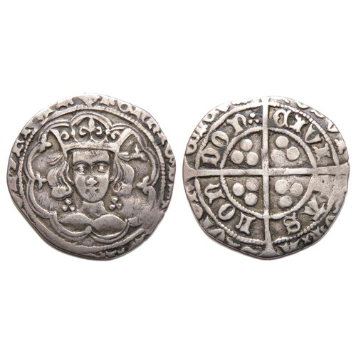 270 - Henry VI Groat. Leaf-trefoil issue, 1436-8 AD. London. Silver, 2.85g, 24mm. Crowned facing bust, lea... 