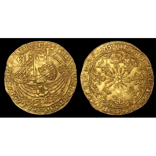 Edward IV Gold Ryal, Bristol. Light Coinage, 1464-1470. 36mm, 7.71g. EDWARD DI GRA REX AnGL Z FRAnC DnS IB, Crowned king in ship with rose on hull, holding sword and shield displaying Royal Arms, flag with E at stern. B in waves below. R. IhC AVT TRAnSIEnS PER MEDIVM ILLORVM IBAT. Central sunburst in cross with lis at end of each arm and, crowned lion passant in angles, all within a tressure of eight arcs with trefoils in spandrel. Mint mark sun. Ref: N.1550. S.1953.