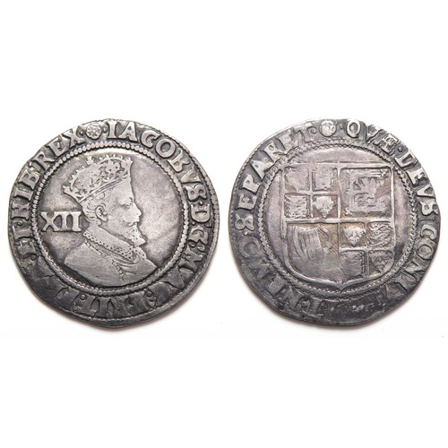 304 - James I Shilling. Second Coinage, 1604-19. Silver, 5.63g, 31mm. Crowned bust right, XII. IACOBVS D G... 