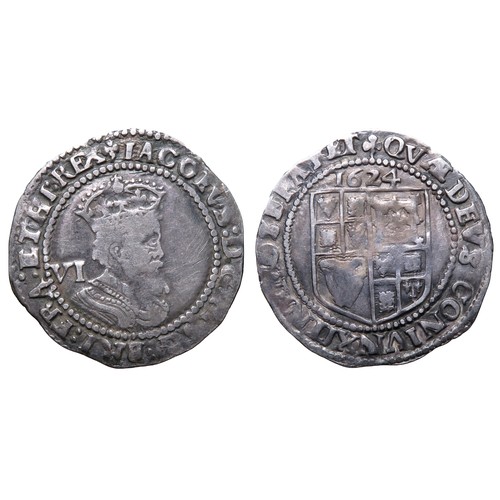 305 - James I Sixpence. 1624. Third coinage, 1619-25. Silver, 2.98g. 25.48mm. Crowned bust right, VI mark ... 