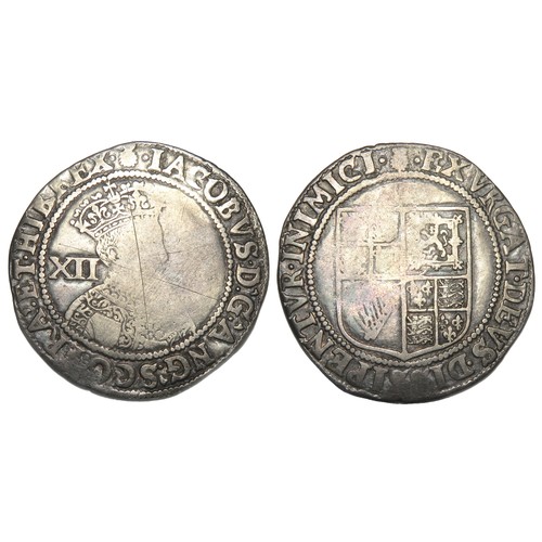 303 - James I Shilling. First Coinage, 1603-4. Second bust, mint mark thistle. Silver, 31mm, 5.52g. Crowne... 