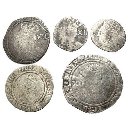 302 - Tudor/Stuart hammered silver coin group (5), largest 30mm. To include, 2 Charles I shillings, an Eli... 