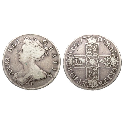 318 - Anne Half Crown. Post Union With Scotland, 1707-14. Silver, g. mm. Draped bust left, E below. ANNA D... 