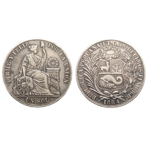 335 - Peru, Lima Un Sol 1884. Silver, 24.87g. 37 mm. REPUBLICA PERUANA LIMA 5 DECIMOS FINO R.D. 1884, Shie... 