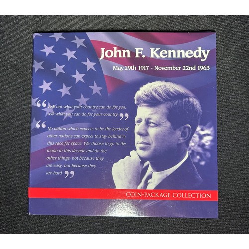 342 - USA, John F. Kennedy collectors coins and stamp set in presentation folder. A history of John Fitzge... 