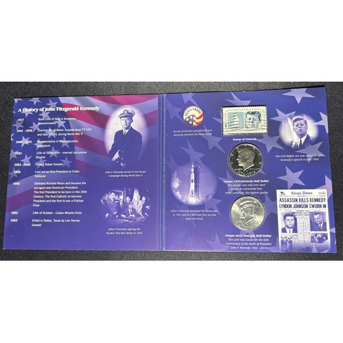 342 - USA, John F. Kennedy collectors coins and stamp set in presentation folder. A history of John Fitzge... 