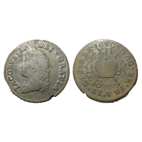 317 - James II Gun Money Shilling. June 1690. Copper-alloy, 24mm. 4.08g. Laureate bust left, IACOBVS II DE... 