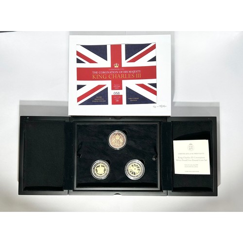 354 - King Charles III Coronation Silver £5 Set (3). 925 and 999.9/1000 Silver with selective 24ct Gold Pl... 