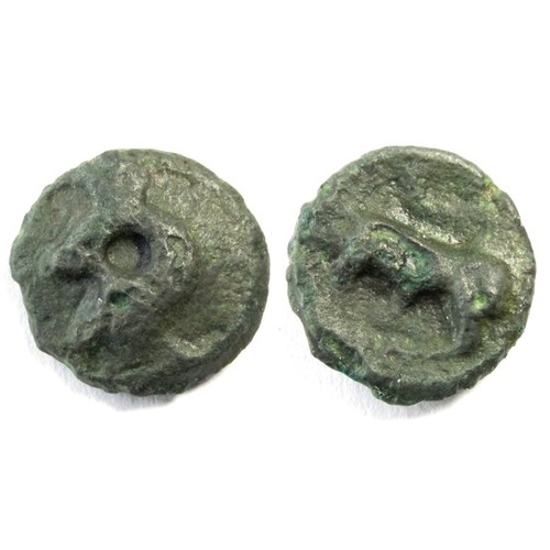 88 - Turoni Devils Head Potin. Circa 1st century BC. 3.19g. 16 mm. Head left with large eye. R. Bull left... 