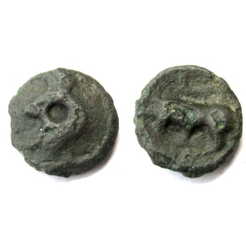 88 - Turoni Devils Head Potin. Circa 1st century BC. 3.19g. 16 mm. Head left with large eye. R. Bull left... 