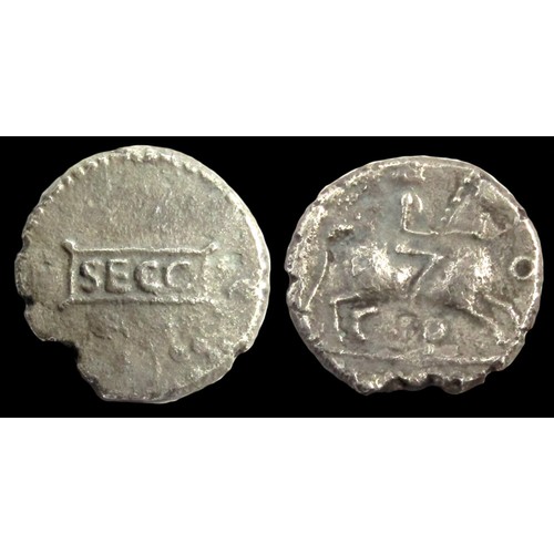 92 - Cantiaci Sego Silver Unit. Circa 5-15 AD. 1.10g. 12 mm. SEGO in central panel. R. Warrior riding rig... 