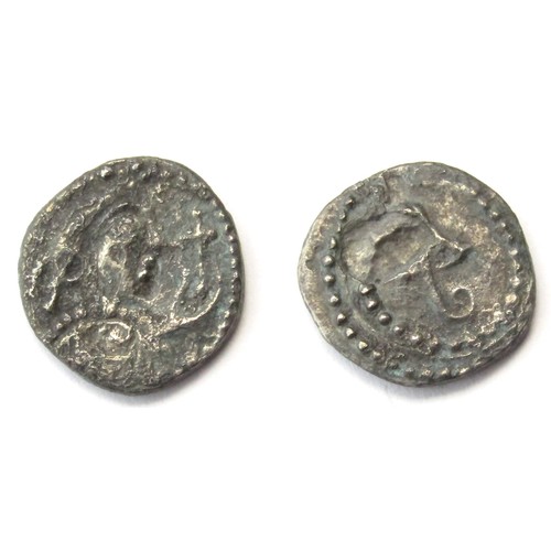 177 - Anglo-Saxon Sceatta, Secondary Phase, c. 710-760 AD. Series K, type 32. Silver, 0.94g. 12 mm. Diadem... 