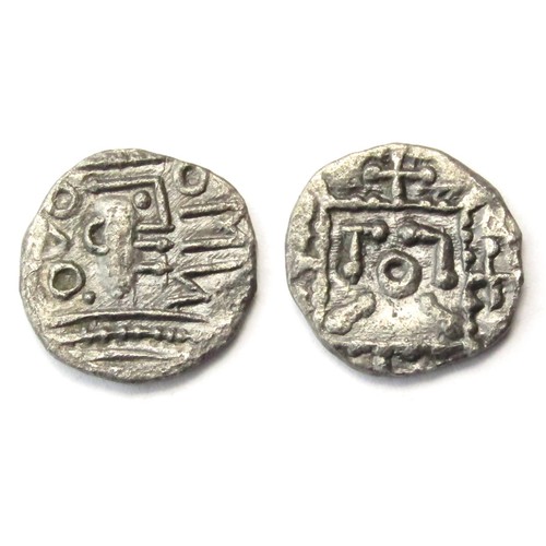 178 - Series R Sceatta, Secondary phase, Circa 710-760 AD. Silver, 0.98g. 12 mm. Radiate bust right, runic... 