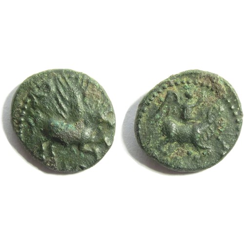 113 - Cunobelin Bull Sacrifice Bronze Unit. Circa 1st century AD. 2.53g. 15 mm. Pegasus right, CV above, N... 