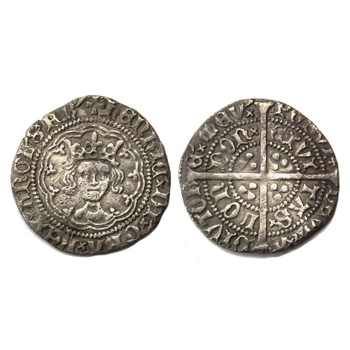 245 - Henry V Halfgroat, 1413-22. London mint. 1.65g. 21mm. Crowned facing bust, no marks. +HENRIC DI GRA ... 